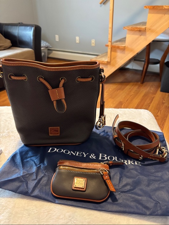 Dooney & Bourke Handbags - Dooney & Bourke Black Pebbled Leather Bucket Bag with Brown Trim and Coin Pouch